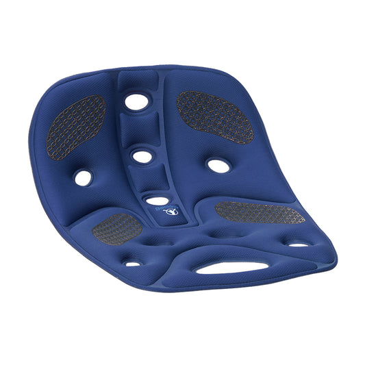 Blue BackJoy SitSmart ergonomic seat that corrects pelvic alignment to prevent posture-induced back pain.